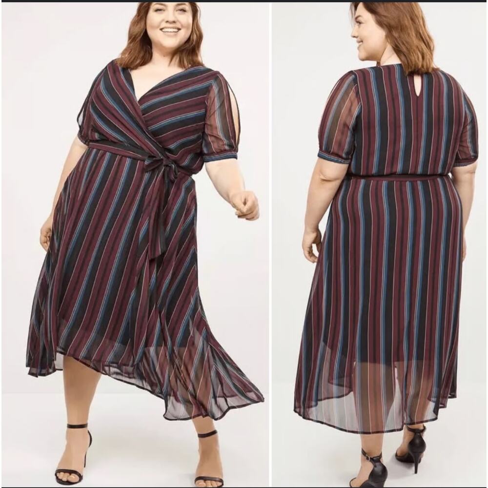 Lane Byrant Stripe Purple Short Sleeve Wrap Front Ruffle Midi Dress Womens Sz 26